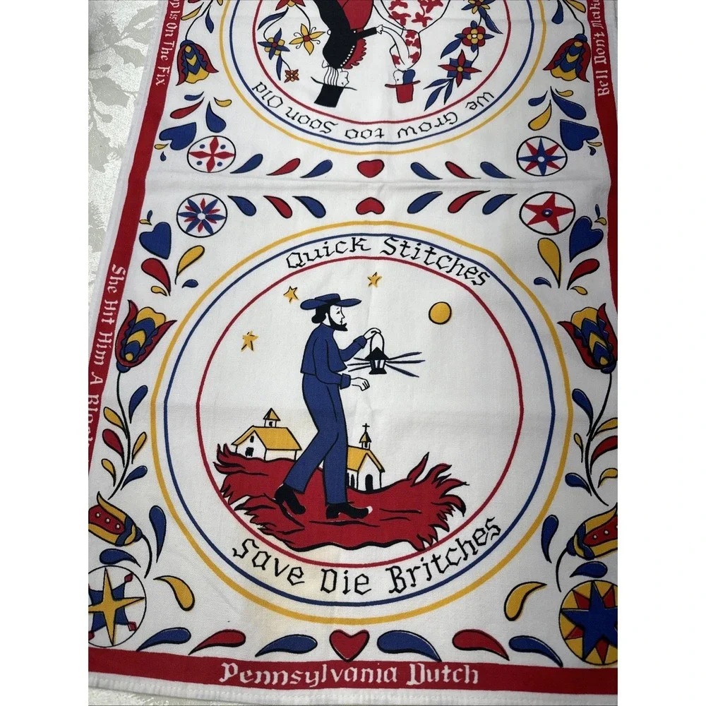 2 Hand Prints Linen Tea Towels Pennsylvania Dutch Amish Vintage 16